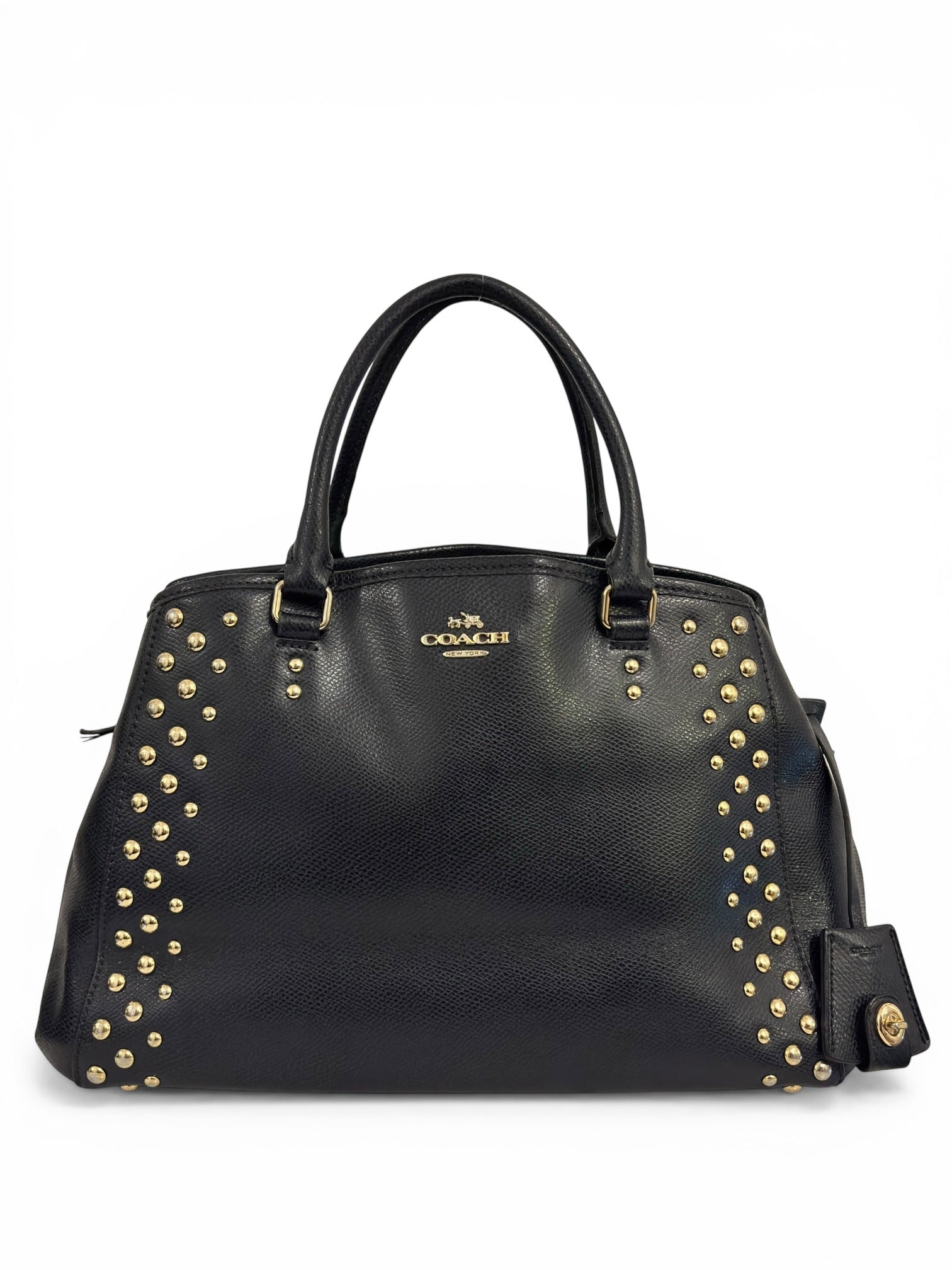 Coach Midnight Navy Blue Margo Saffiano Leather Gold Studded Tote Handbag