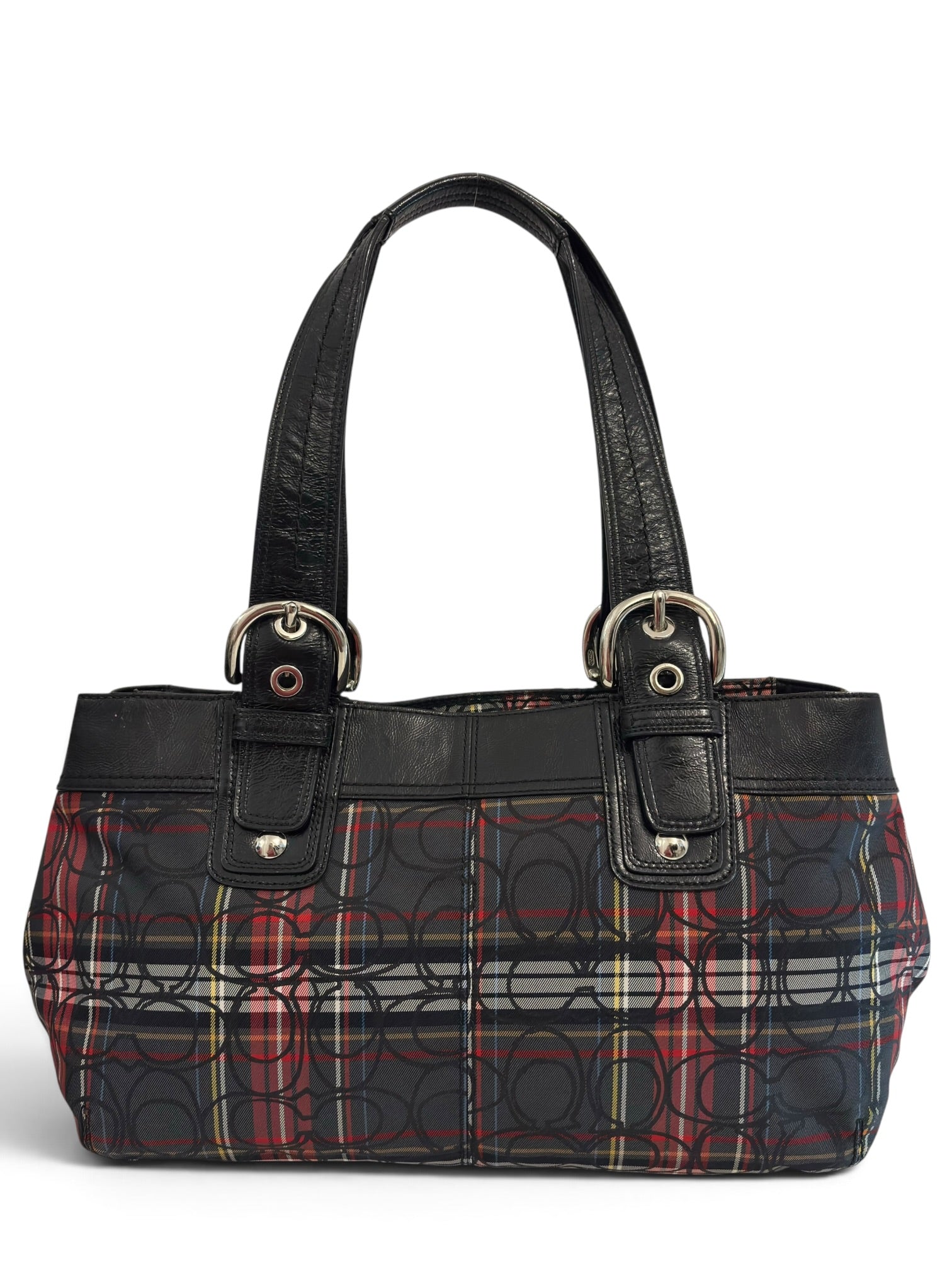 Vintage Coach Poppy Soho Tartan Plaid Op Art Tote Bag Black Leather Shoulder Handbag F15223