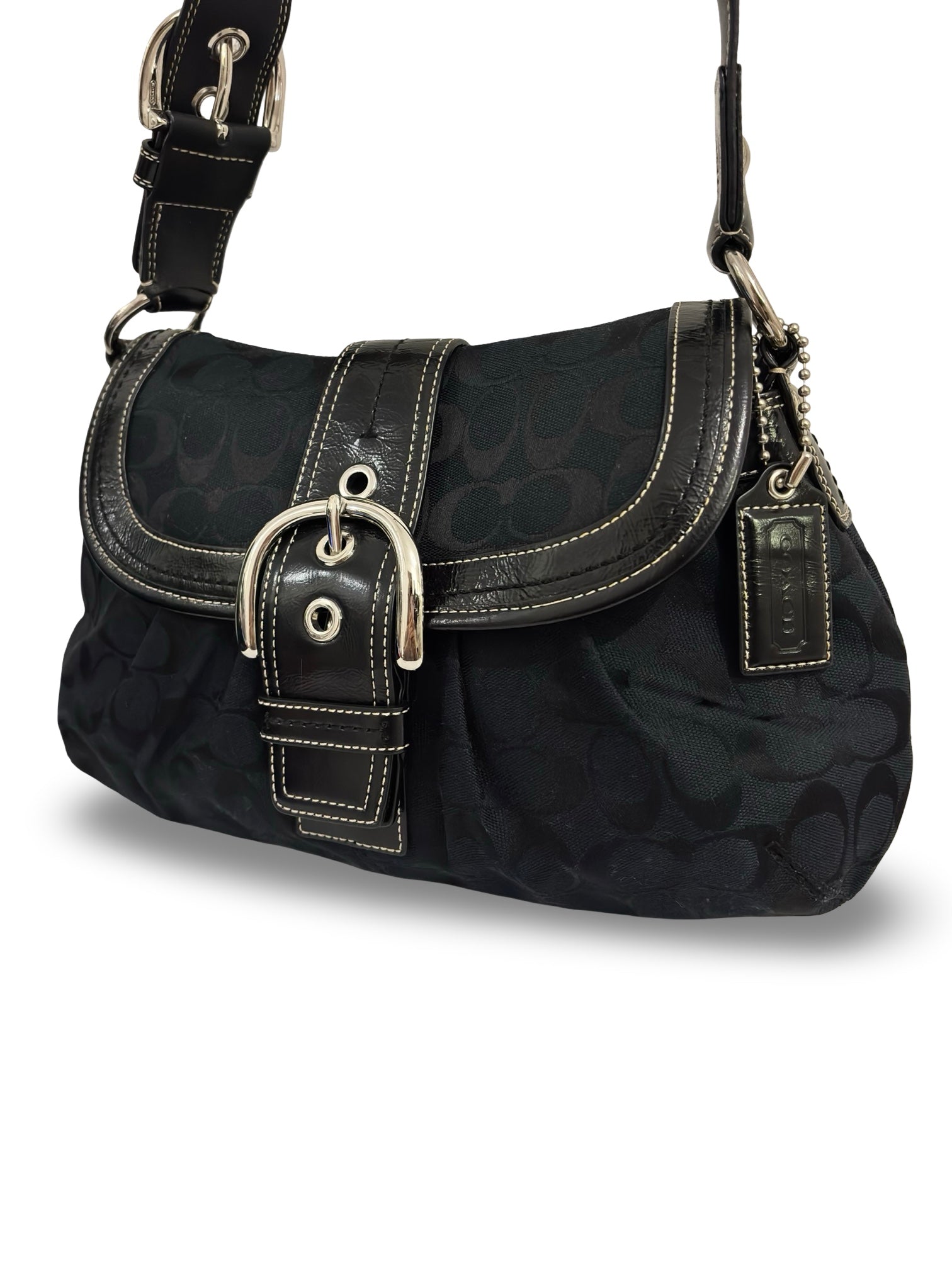 Coach Black ‘Soho’ Signature Canvas & Patent Leather Vintage Buckle Shoulder Bag