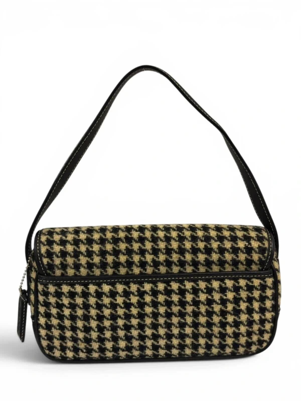 Coach Black & Beige Demi Houndstooth Wool Tweed & Leather Vintage Shoulder Bag