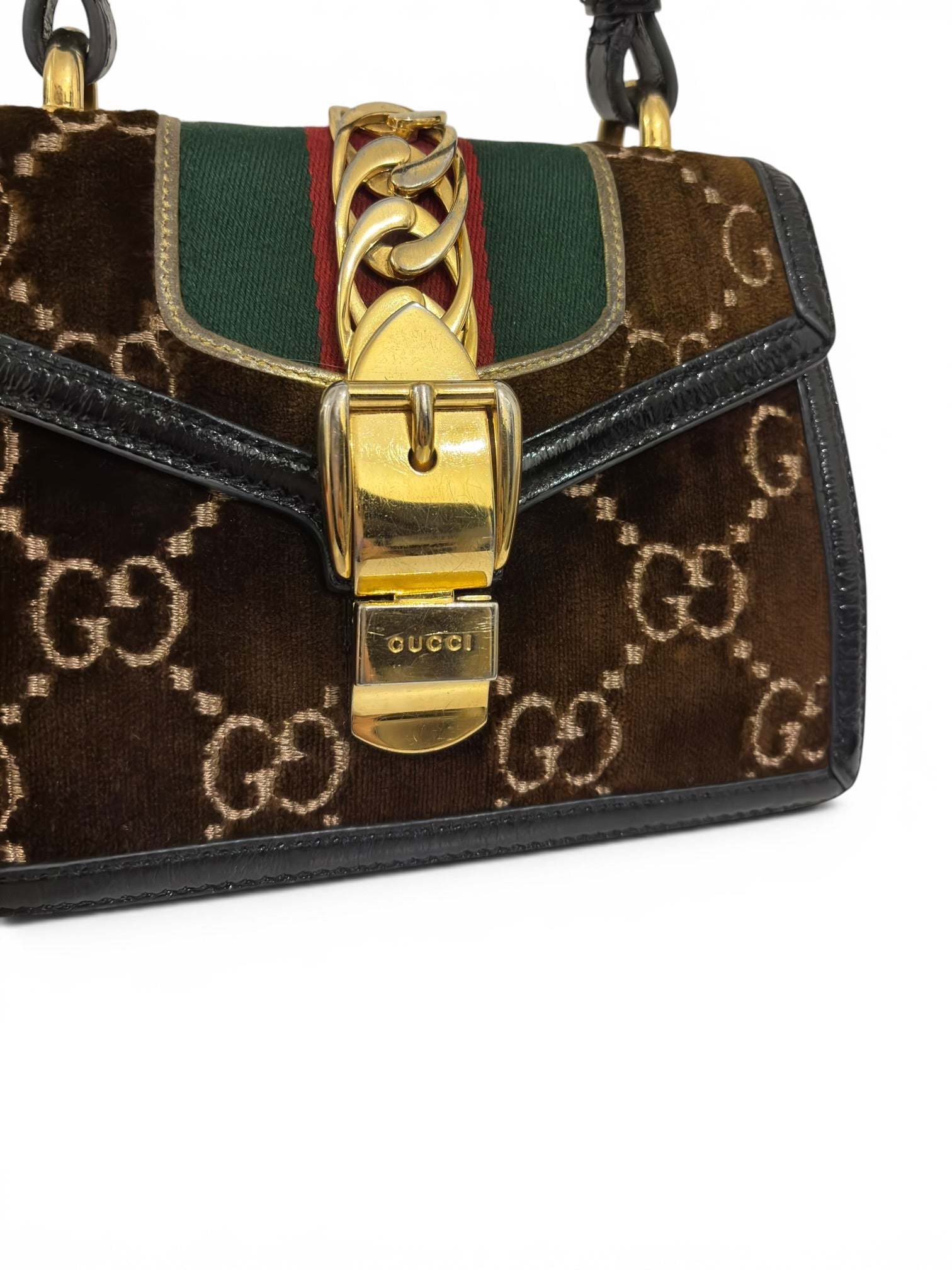 Gucci Sylvie Rare Mini GG Velvet Brown Web Stripe
Gold Hardware 493075 Top Handle Bag