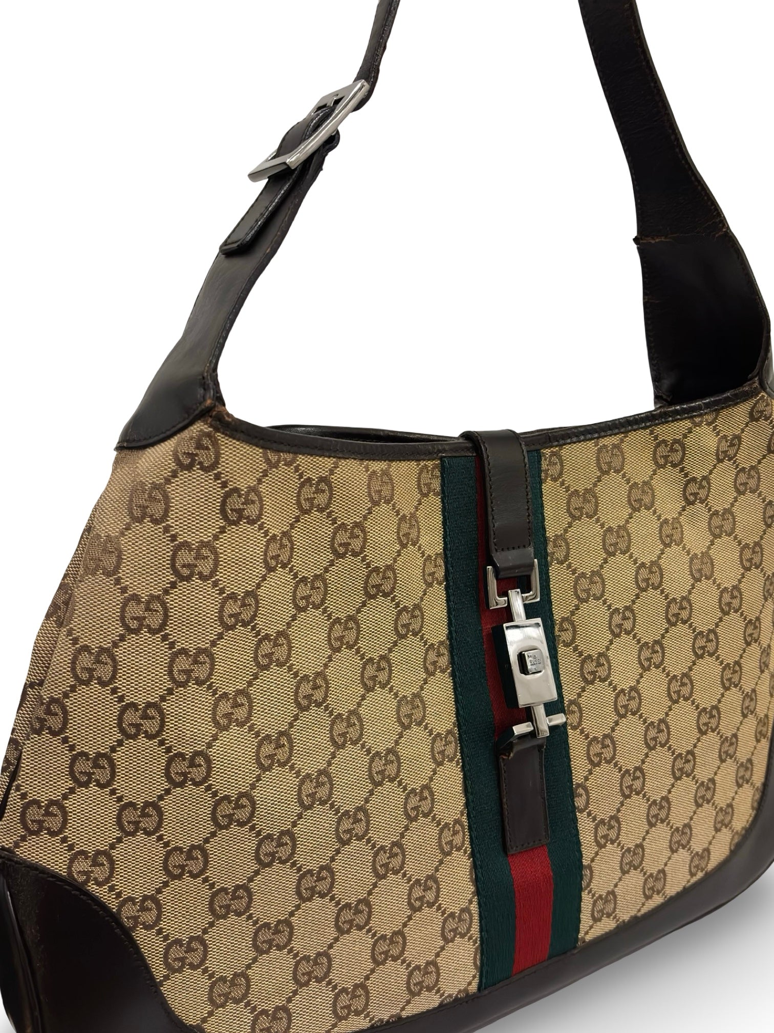 Gucci Jackie Canvas & Leather Brown Green Signature Stripe Vintage Hobo Shoulder Bag