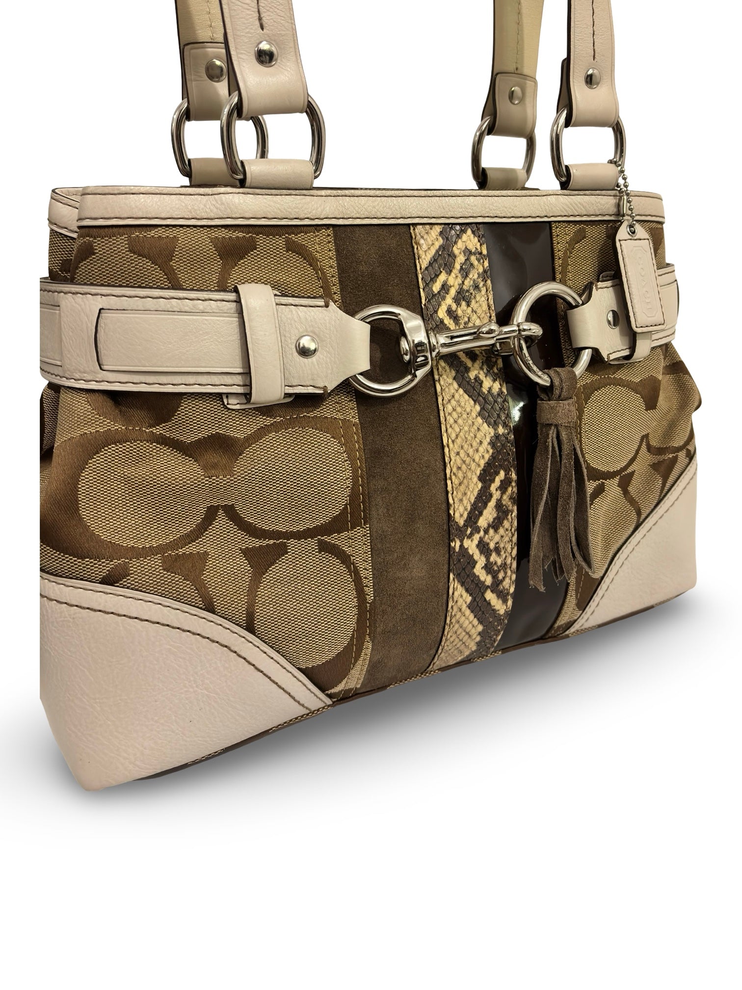 Coach Hampton Brown / White Canvas & Leather Signature Python Tassle Vintage Tote Shoulder Bag