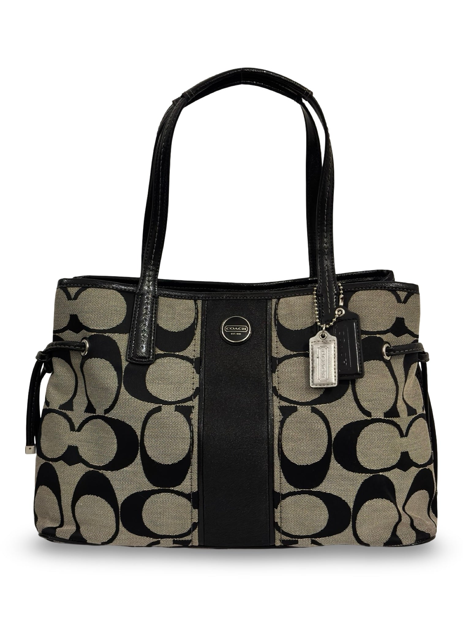 Coach Black Signature Stripe Black & Grey Canvas & Patent Leather Vintage Shoulder Bag