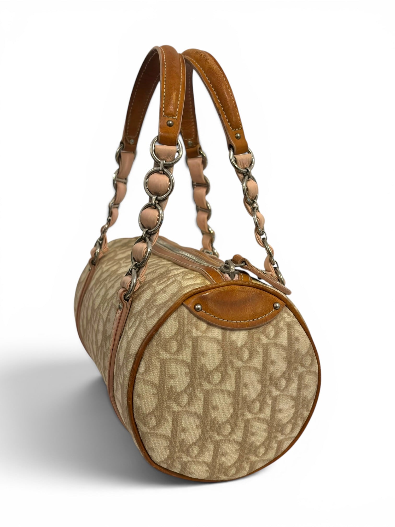 Christian Dior Rare Romantique Trotter Barrel Pink & Brown Heart Charm Galliano Vintage Shoulder Bag
