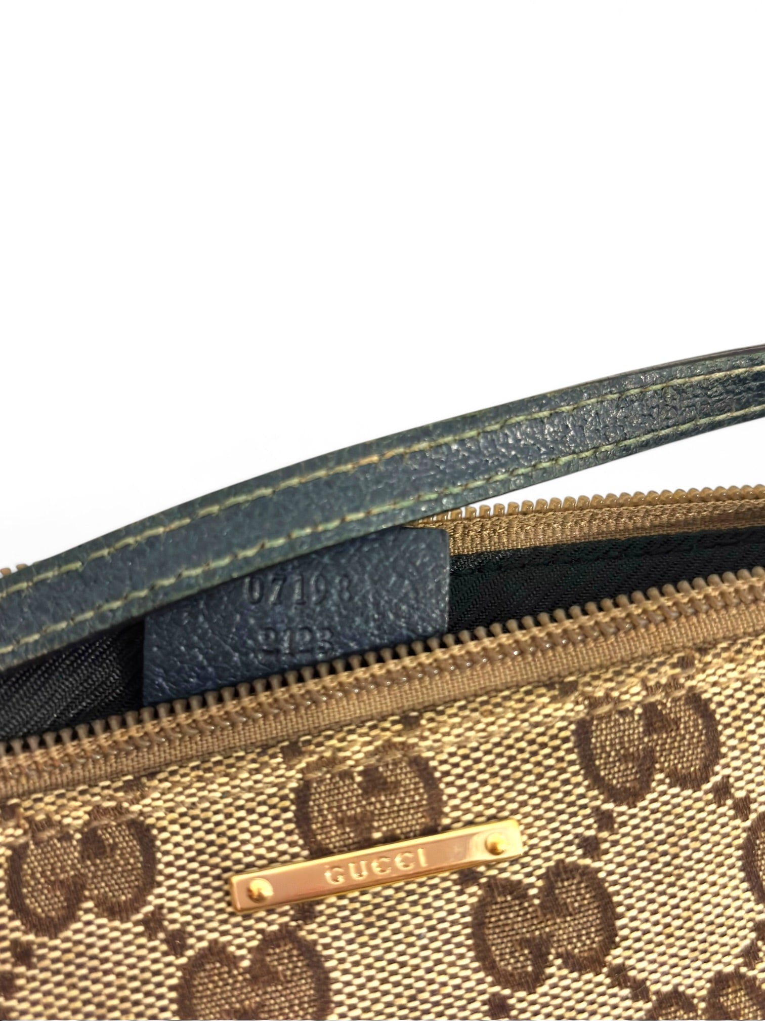 Gucci Brown Beige Canvas & Dark Blue Leather Pochette Boat Shoulder Bag