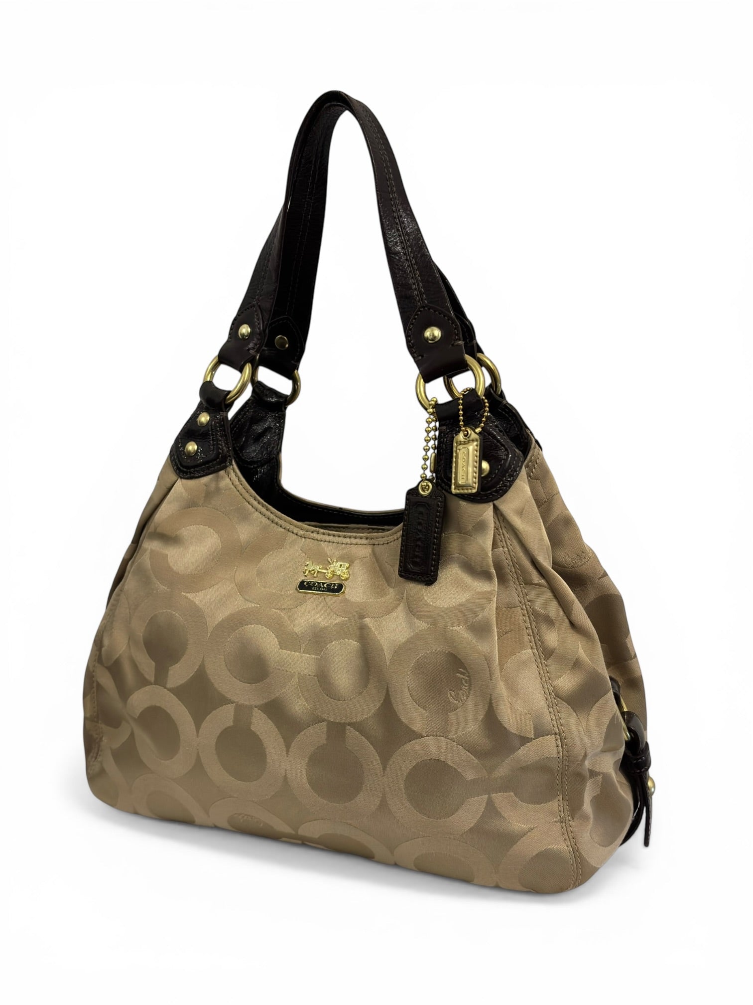 Coach Madison OP Art Sateen Maggie Brown Beige Canvas & Leather Signature Hobo Shoulder Bag