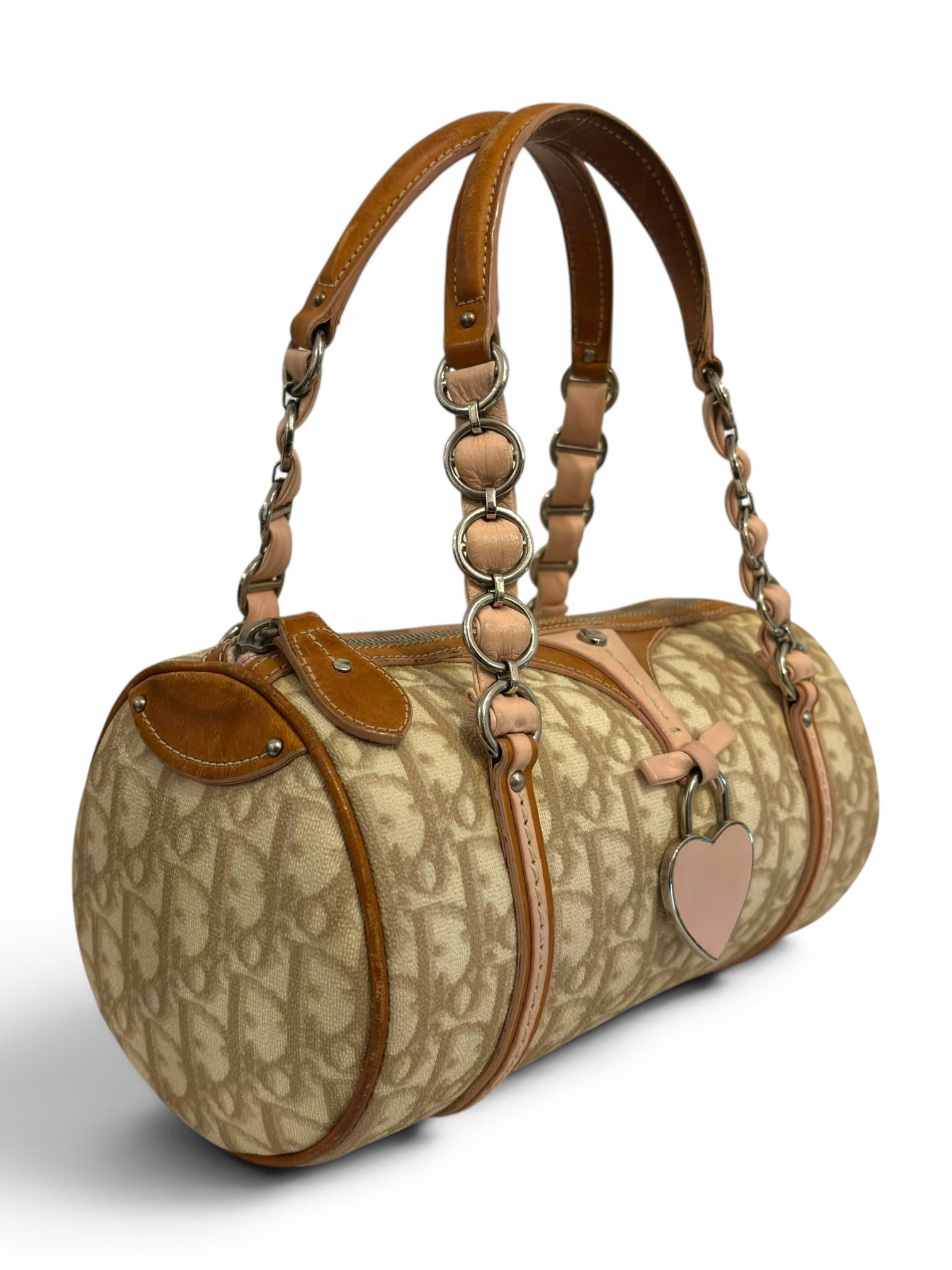 Christian Dior Rare Romantique Trotter Barrel Pink & Brown Heart Charm Galliano Vintage Shoulder Bag