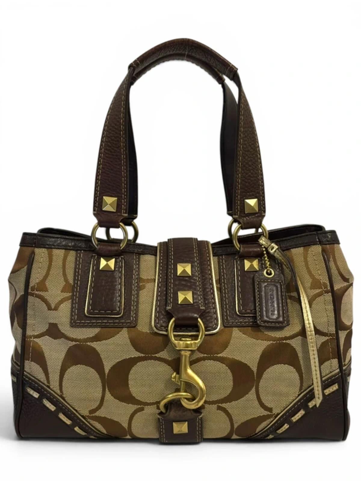 Coach Brown / Beige Studded Signature Vintage Horsebit Shoulder Bag