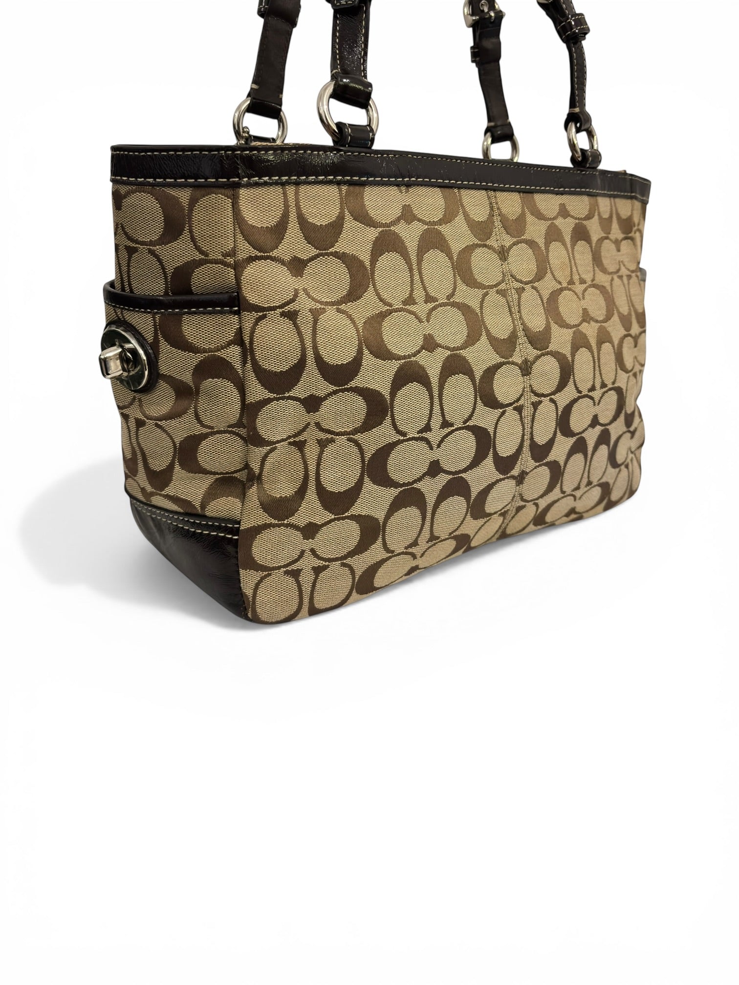 Coach Brown Beige Pleated Signature Gallery Canvas & Patent Leather Tote Shoulder Bag