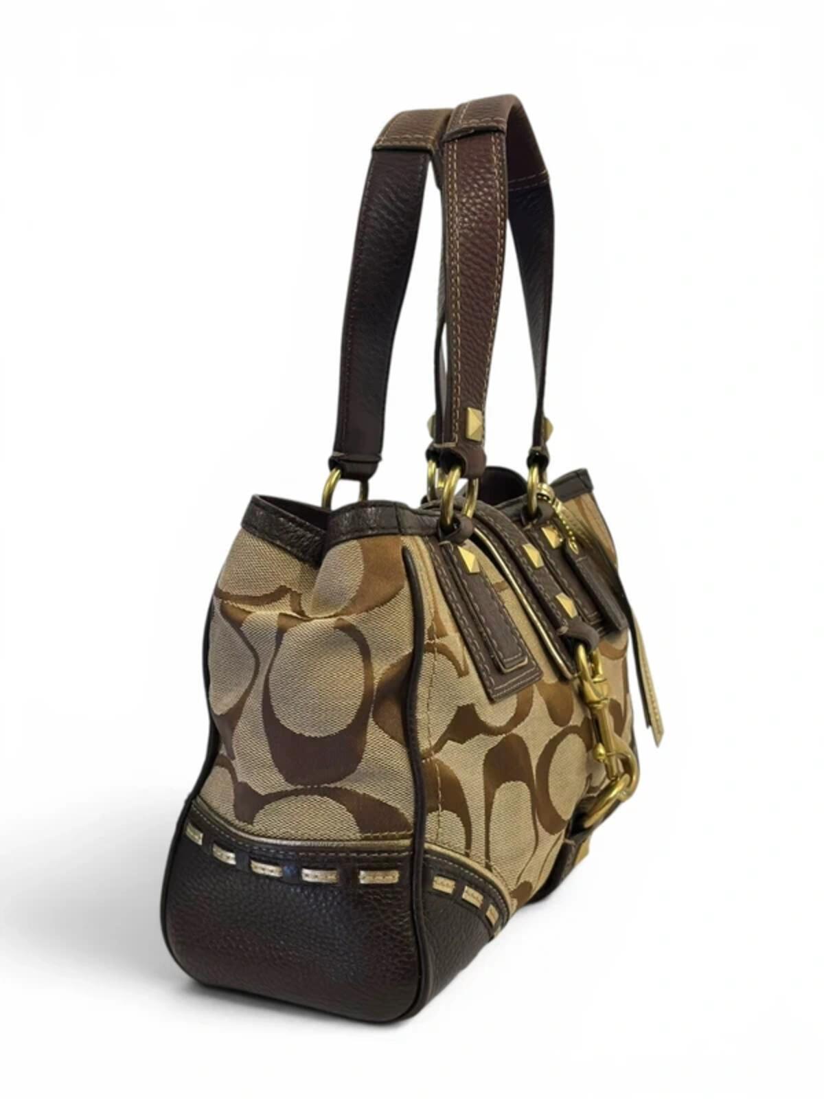 Coach Brown / Beige Studded Signature Vintage Horsebit Shoulder Bag