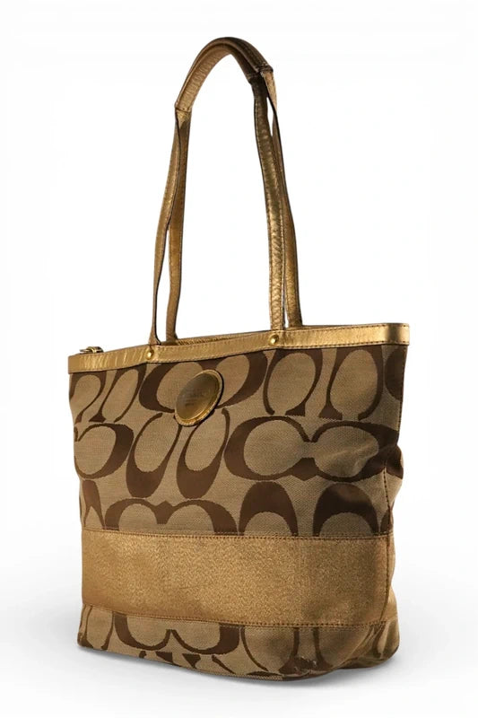 Coach Brown & Gold Metallic Signature Stripe Tote Shoulder Bag