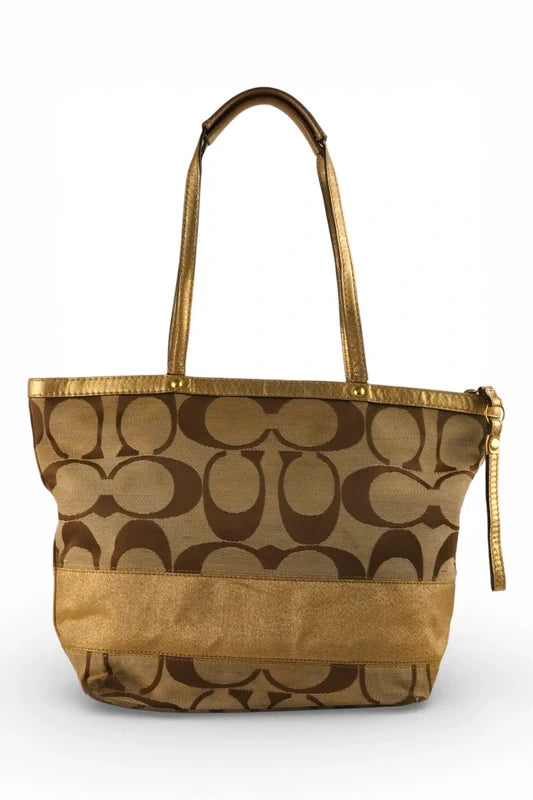Coach Brown & Gold Metallic Signature Stripe Tote Shoulder Bag