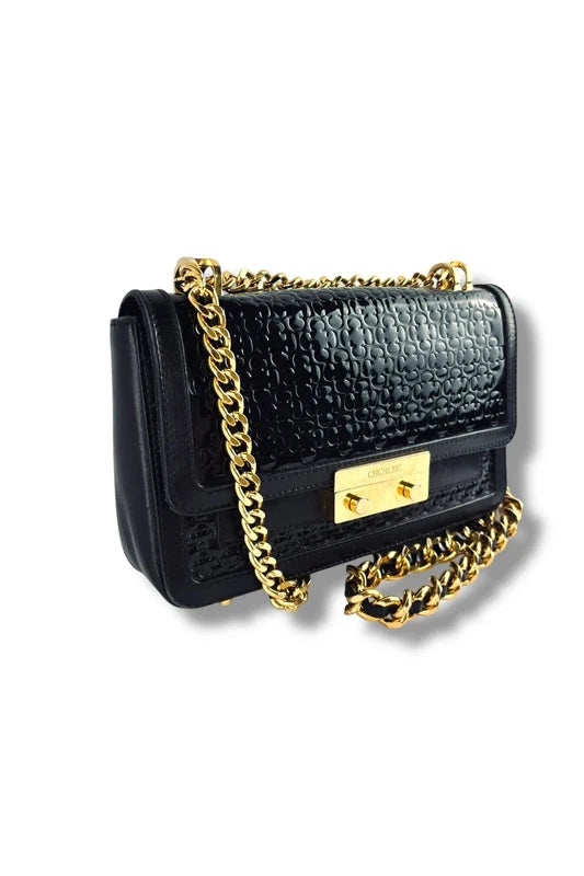 Carolina Herrera CH Black & Gold Leather Flap Chain Crossbody Bag