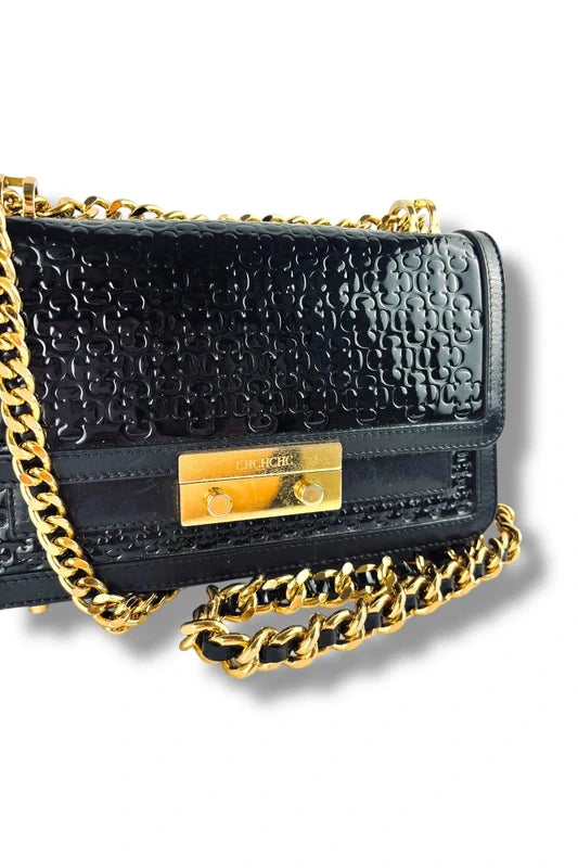 Carolina Herrera CH Black & Gold Leather Flap Chain Crossbody Bag