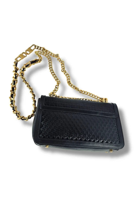 Carolina Herrera CH Black & Gold Leather Flap Chain Crossbody Bag