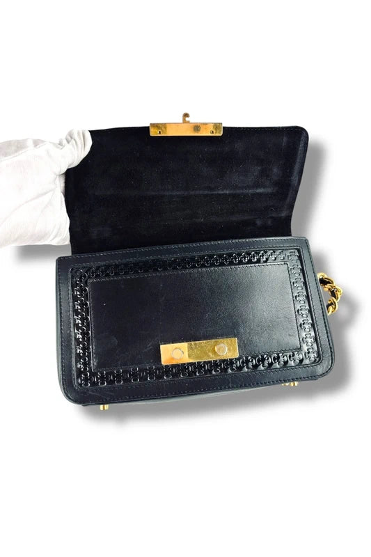 Carolina Herrera CH Black & Gold Leather Flap Chain Crossbody Bag