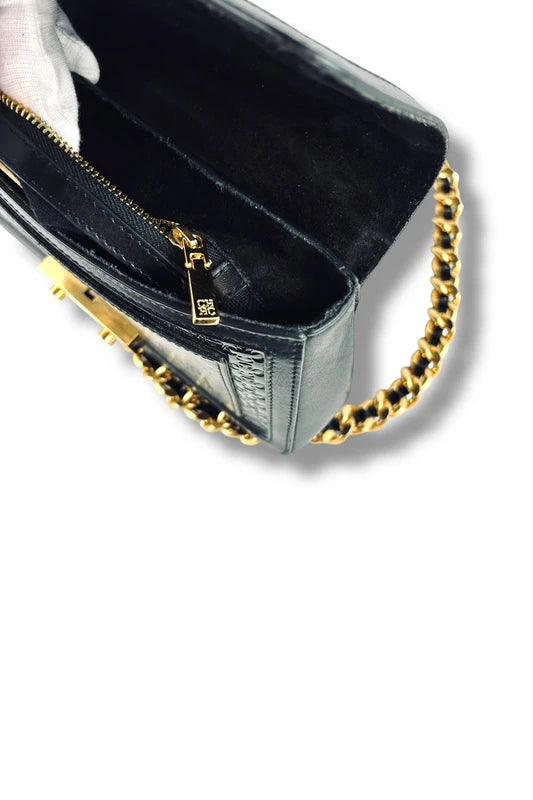 Carolina Herrera CH Black & Gold Leather Flap Chain Crossbody Bag