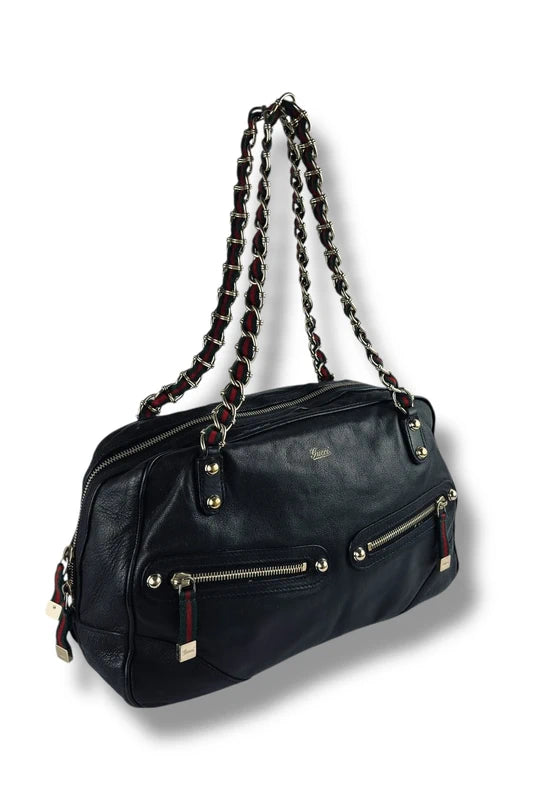 Gucci Black Leather Green & Red Vintage Web Chain Prince Boston Shoulder Bag