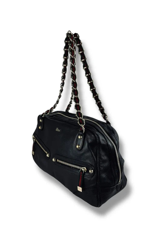 Gucci Black Leather Green & Red Vintage Web Chain Prince Boston Shoulder Bag
