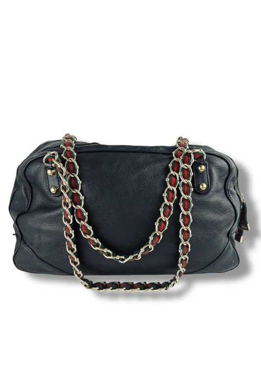Gucci Black Leather Green & Red Vintage Web Chain Prince Boston Shoulder Bag