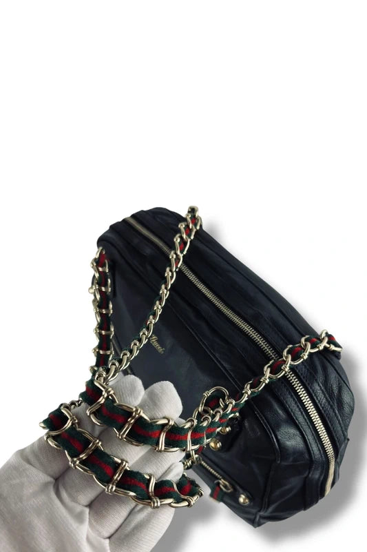 Gucci Black Leather Green & Red Vintage Web Chain Prince Boston Shoulder Bag