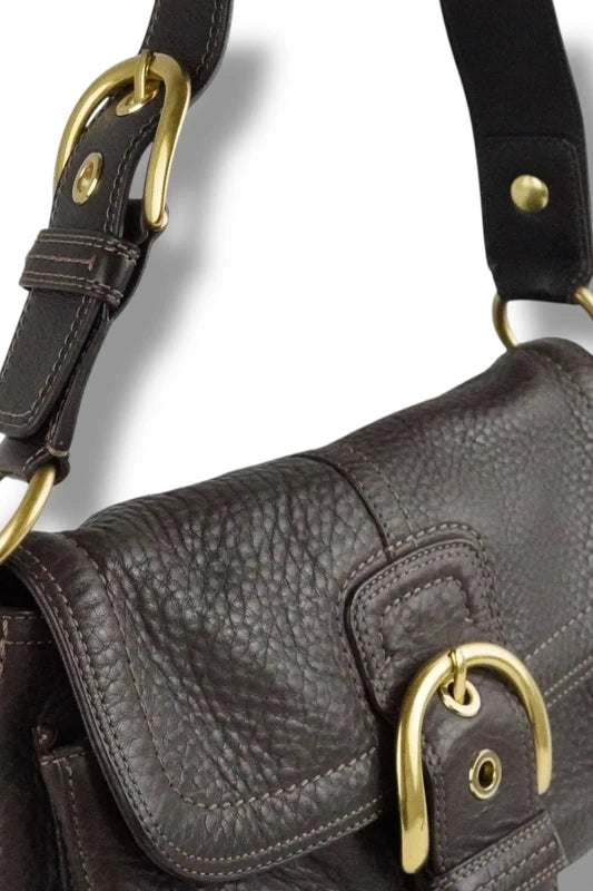 Coach Dark Brown Soho Gold Buckle Double Pocket Pebbled Leather Vintage Shoulder Bag