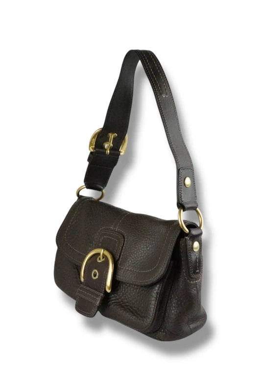 Coach Dark Brown Soho Gold Buckle Double Pocket Pebbled Leather Vintage Shoulder Bag