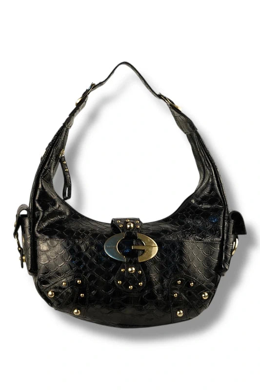 Guess Black Studded Silver Croc / Snake Animal Print Embossed Leather PVC Hobo Shoulder Bag