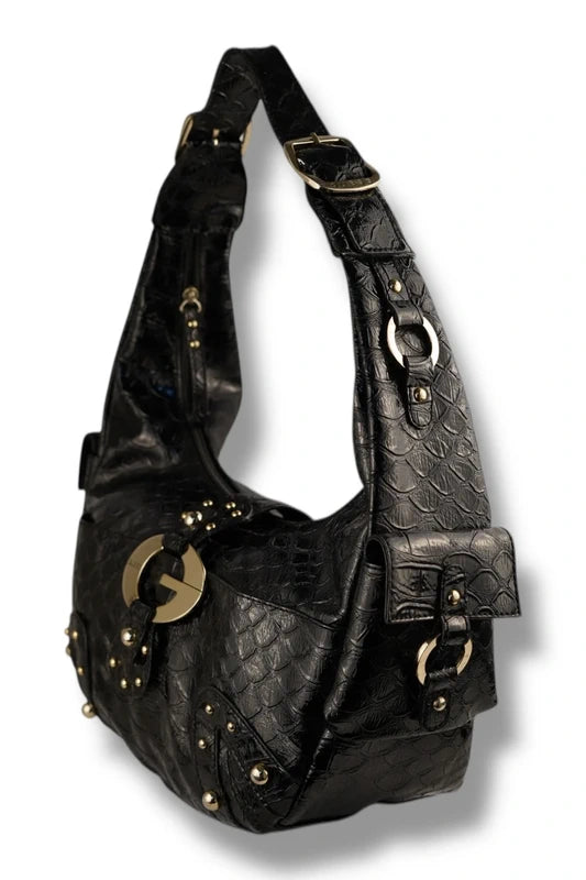 Guess Black Studded Silver Croc / Snake Animal Print Embossed Leather PVC Hobo Shoulder Bag