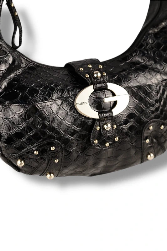 Guess Black Studded Silver Croc / Snake Animal Print Embossed Leather PVC Hobo Shoulder Bag