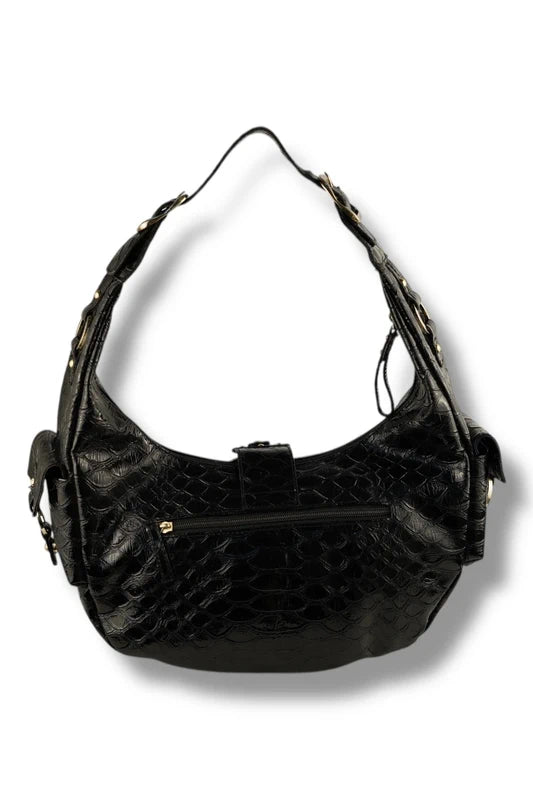 Guess Black Studded Silver Croc / Snake Animal Print Embossed Leather PVC Hobo Shoulder Bag