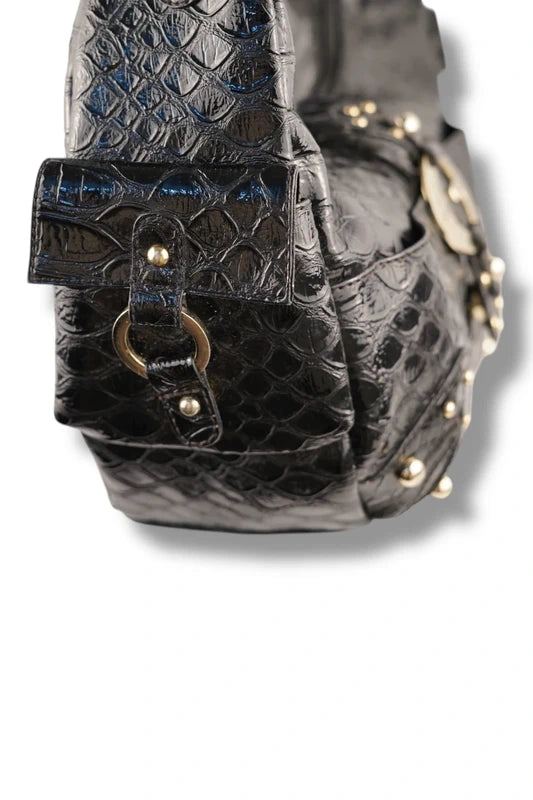 Guess Black Studded Silver Croc / Snake Animal Print Embossed Leather PVC Hobo Shoulder Bag