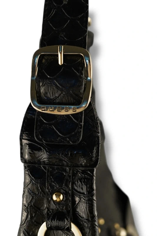 Guess Black Studded Silver Croc / Snake Animal Print Embossed Leather PVC Hobo Shoulder Bag