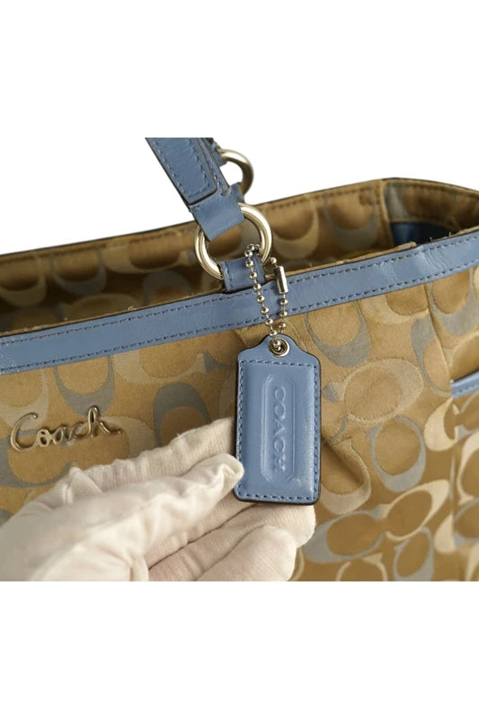 Coach East West Gallery Signature Sateen Canvas & Leather Blue & Beige / Brown Tote Shoulder Bag