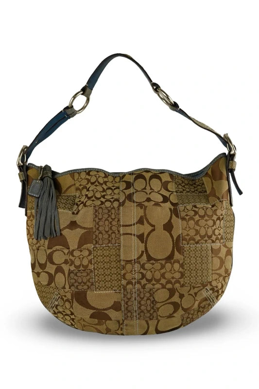 Coach Signature Patchwork Hobo Bag Brown & Blue Leather Snake Print Shoulder Bag
