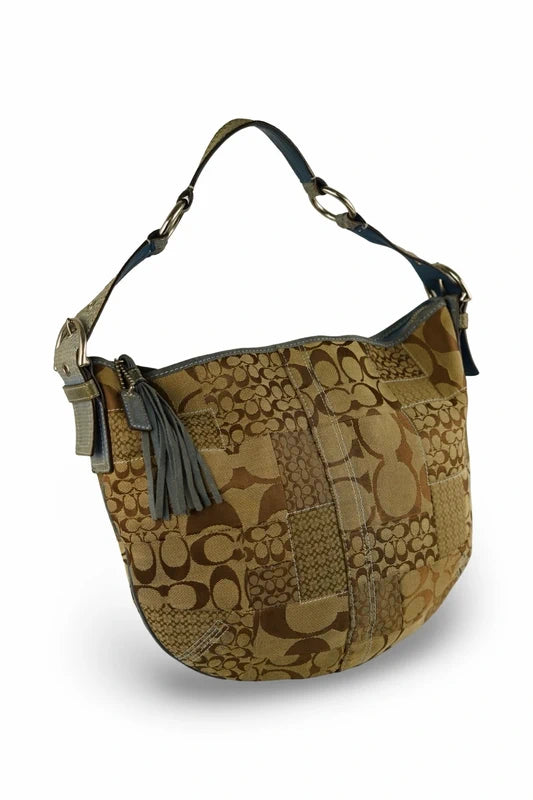 Coach Signature Patchwork Hobo Bag Brown & Blue Leather Snake Print Shoulder Bag