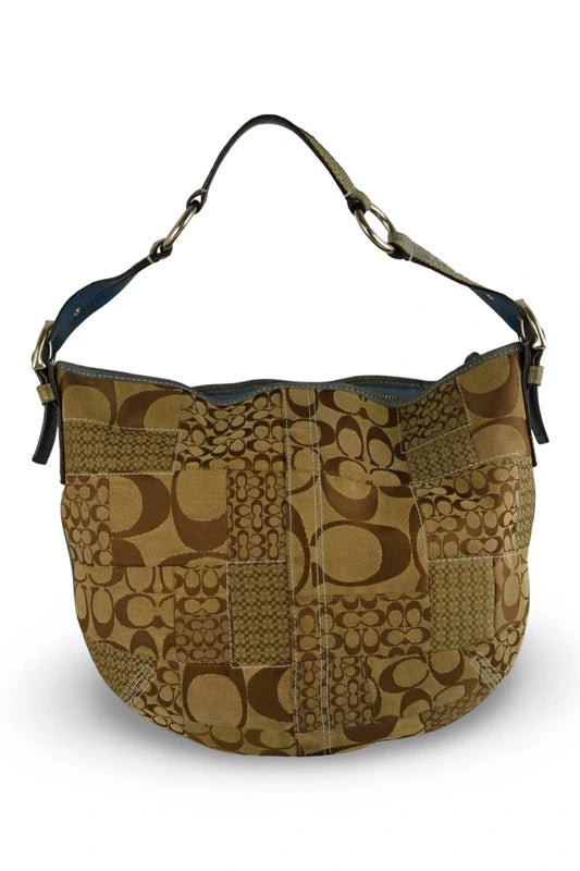Coach Signature Patchwork Hobo Bag Brown & Blue Leather Snake Print Shoulder Bag