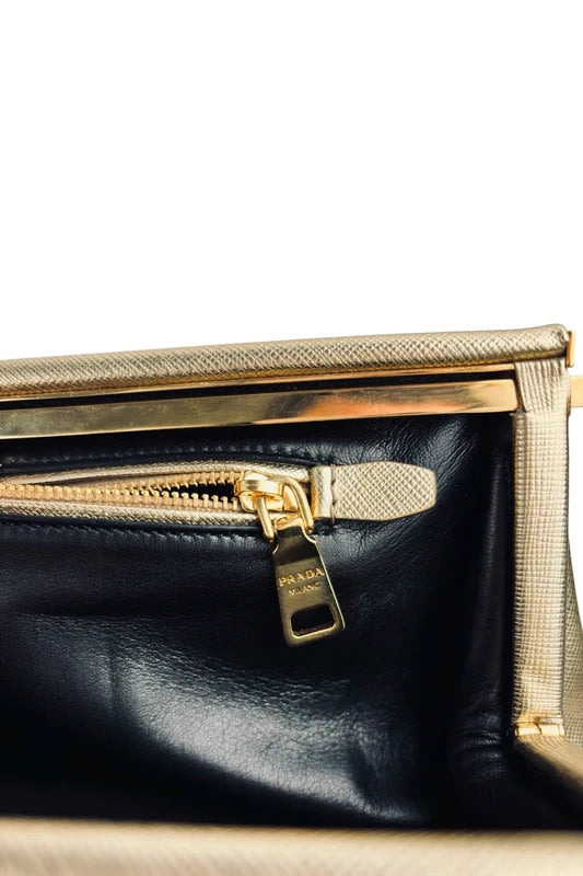 Prada Gold (Platino) Saffiano Lux Leather Metallic Clutch Evening Bag