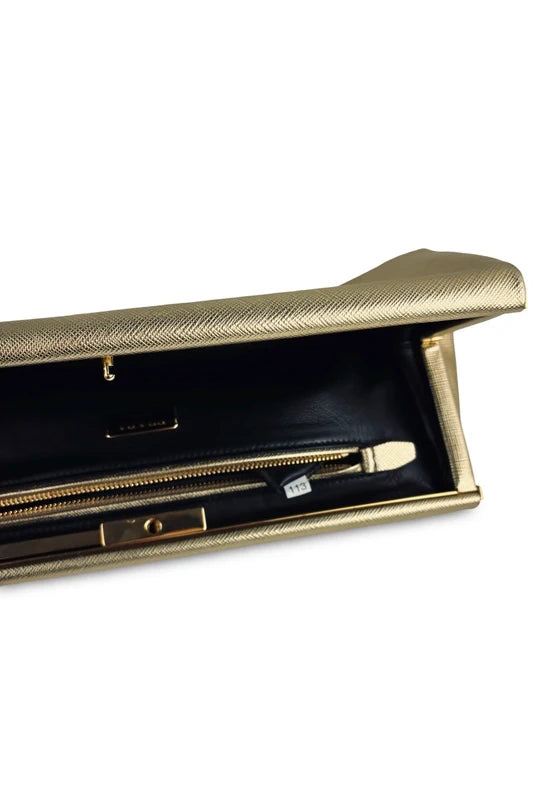 Prada Gold (Platino) Saffiano Lux Leather Metallic Clutch Evening Bag