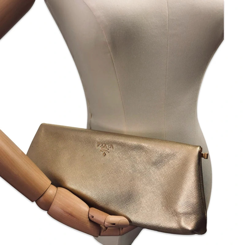 Prada Gold (Platino) Saffiano Lux Leather Metallic Clutch Evening Bag