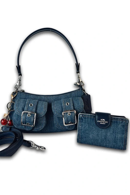 Coach Blue Denim & Leather Ashton Shoulder Bag & Purse Set