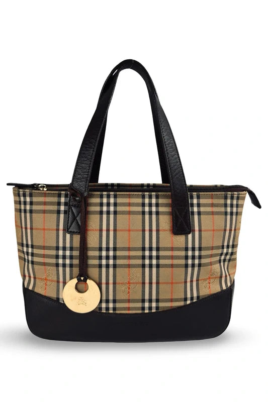 Burberry Haymarket Brown Beige Black Check Canvas & Leather Top Handle Shoulder Bag