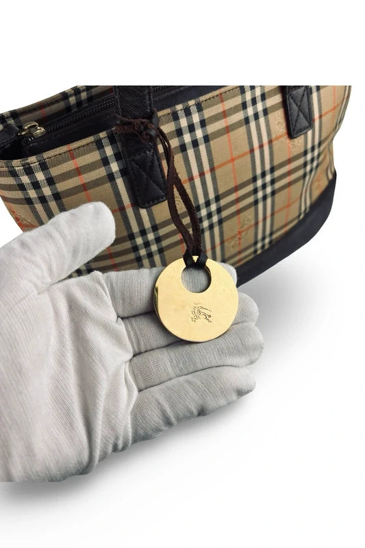 Burberry Haymarket Brown Beige Black Check Canvas & Leather Top Handle Shoulder Bag