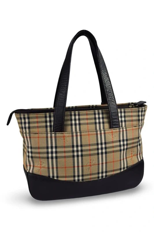Burberry Haymarket Brown Beige Black Check Canvas & Leather Top Handle Shoulder Bag