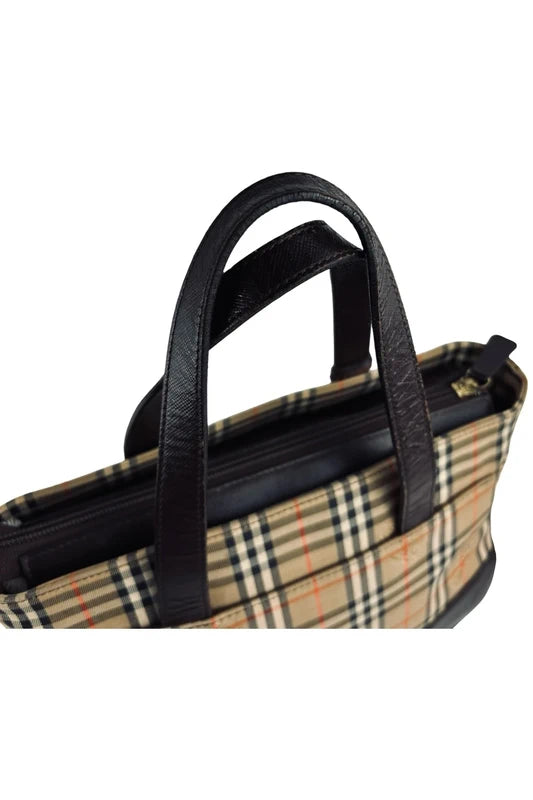Burberry Haymarket Brown Beige Black Check Canvas & Leather Top Handle Shoulder Bag