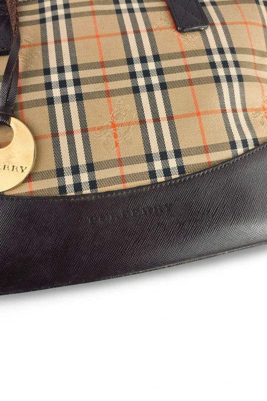 Burberry Haymarket Brown Beige Black Check Canvas & Leather Top Handle Shoulder Bag
