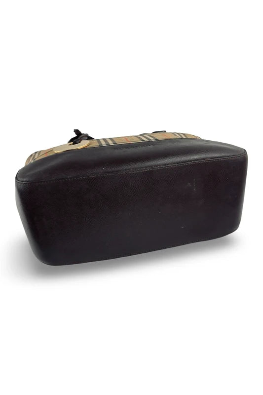 Burberry Haymarket Brown Beige Black Check Canvas & Leather Top Handle Shoulder Bag