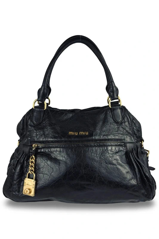 Miu Miu Mirtillo Nappa Leather Black Distressed Charm Shoulder Bag