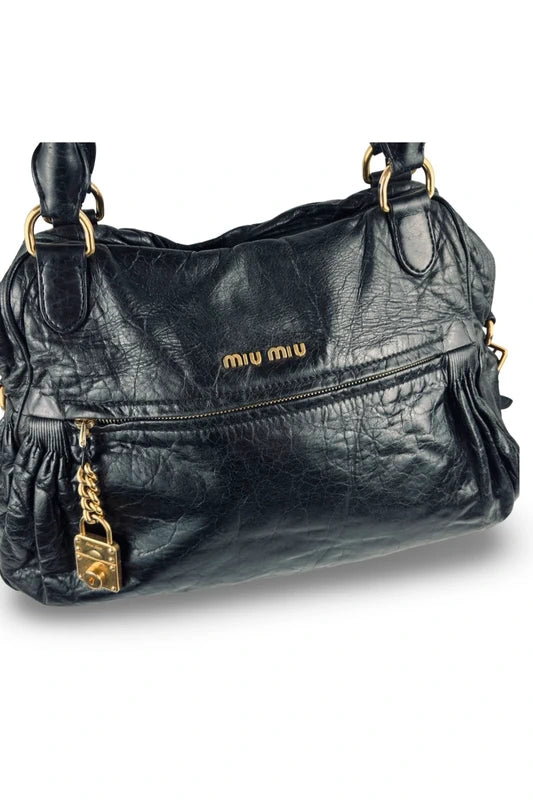 Miu Miu Mirtillo Nappa Leather Black Distressed Charm Shoulder Bag